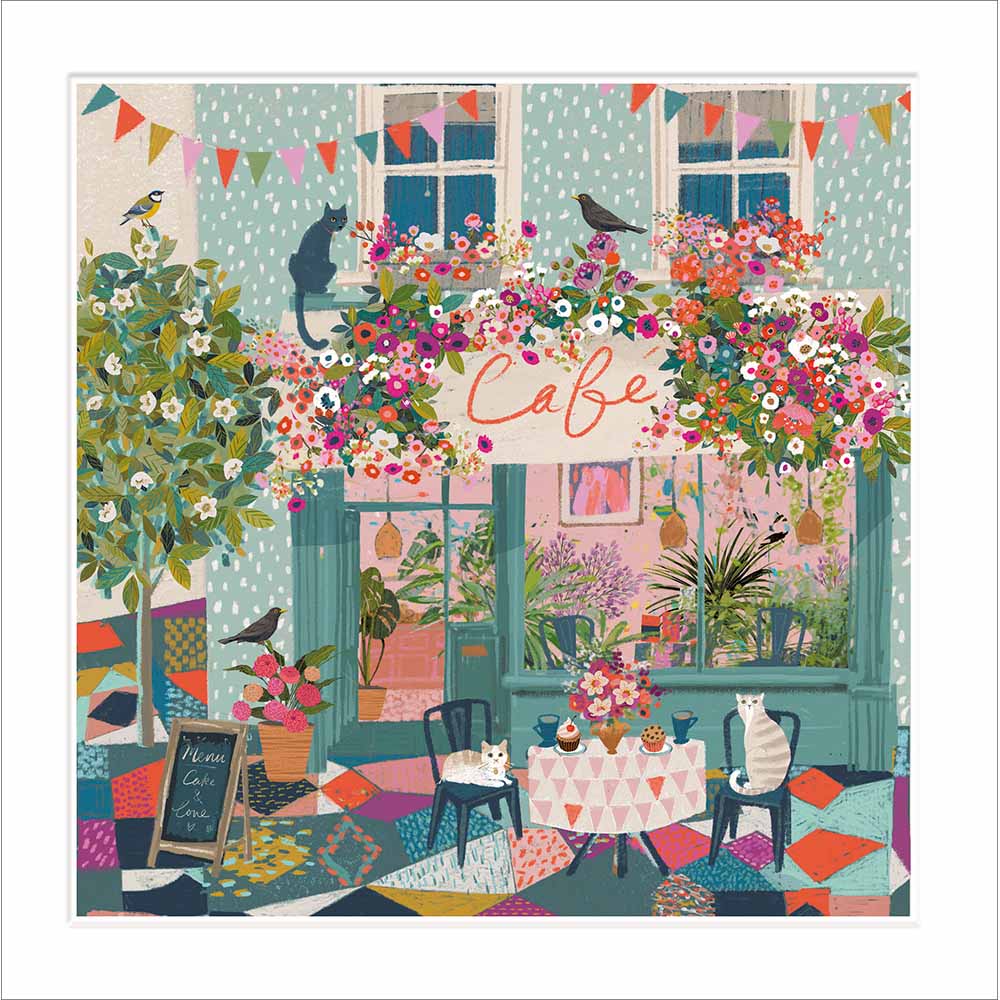 Woodmansterne Cat Cafe with Flowers Blank Card