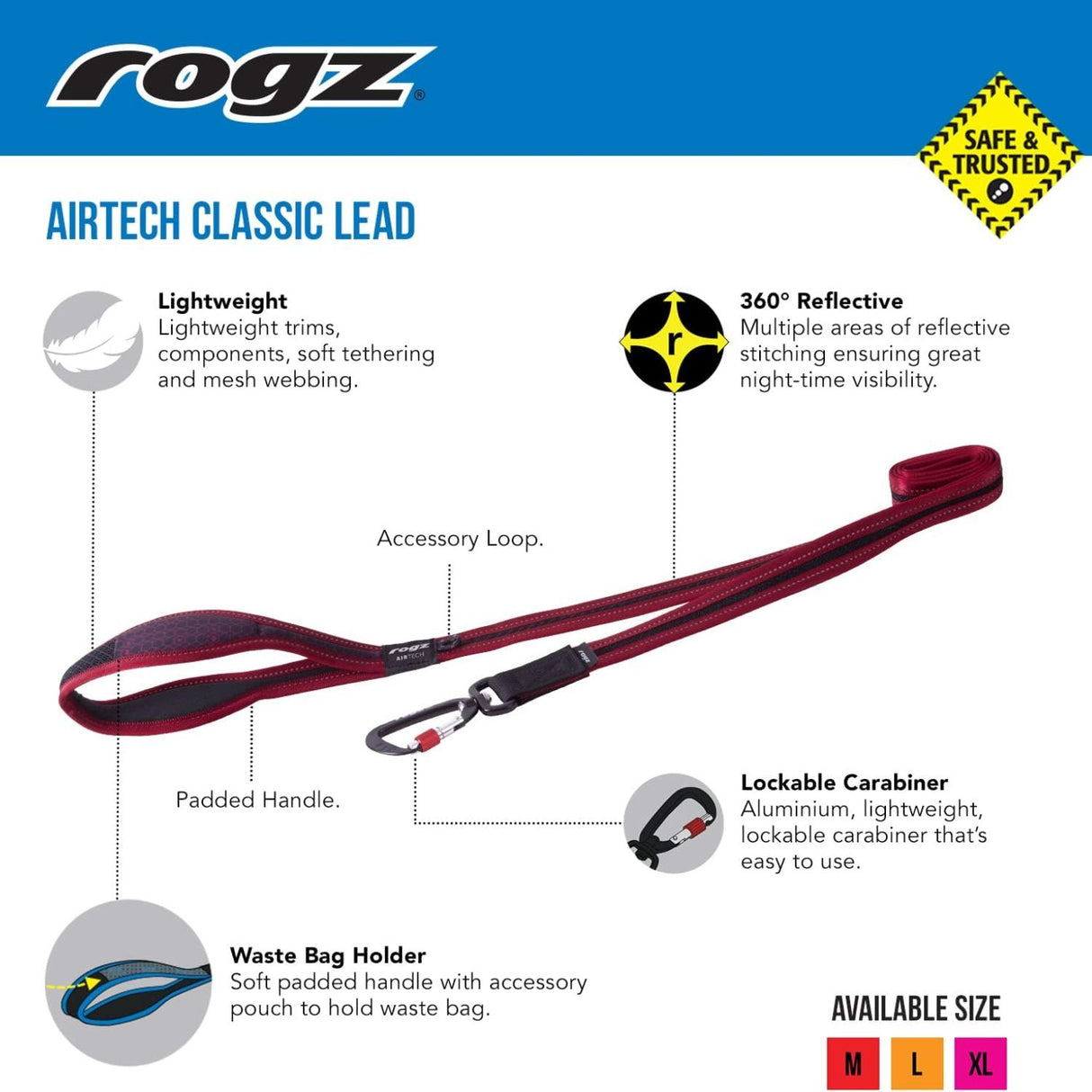 Rogz 1.8m Airtech Classic Lead Burnt Ochre Dog Lead - Medium