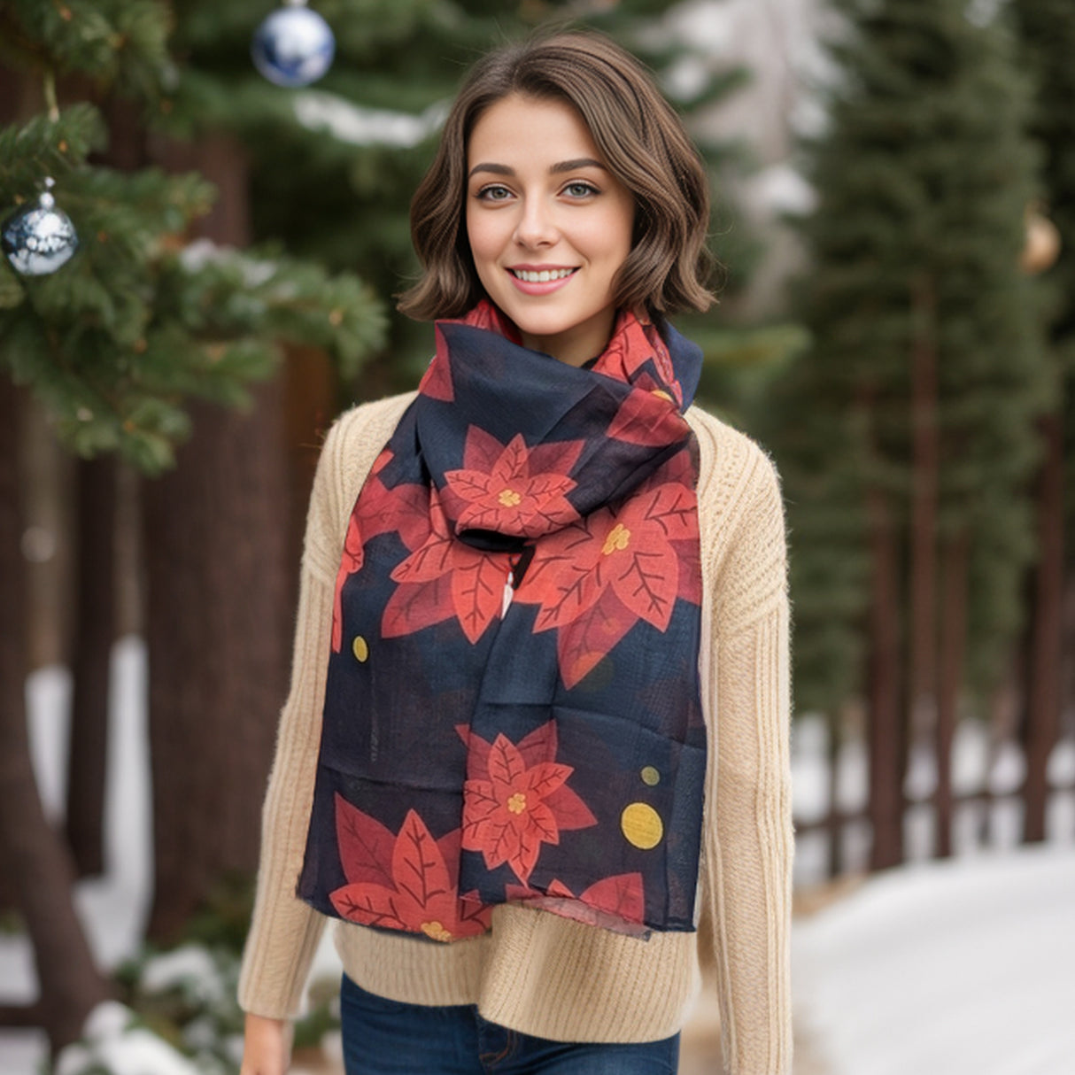 Black Ginger Poinsettia Scarf - Navy