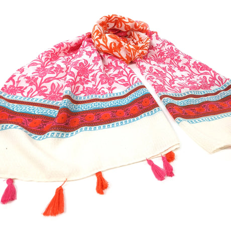 Black Ginger Pink/Orange Juri Bordered Flower Scarf - 736-318