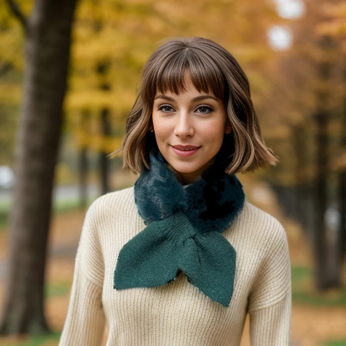 Black Ginger Emerald Green Bela Bela Knitted Tie Fur Collar Scarf - 736-395