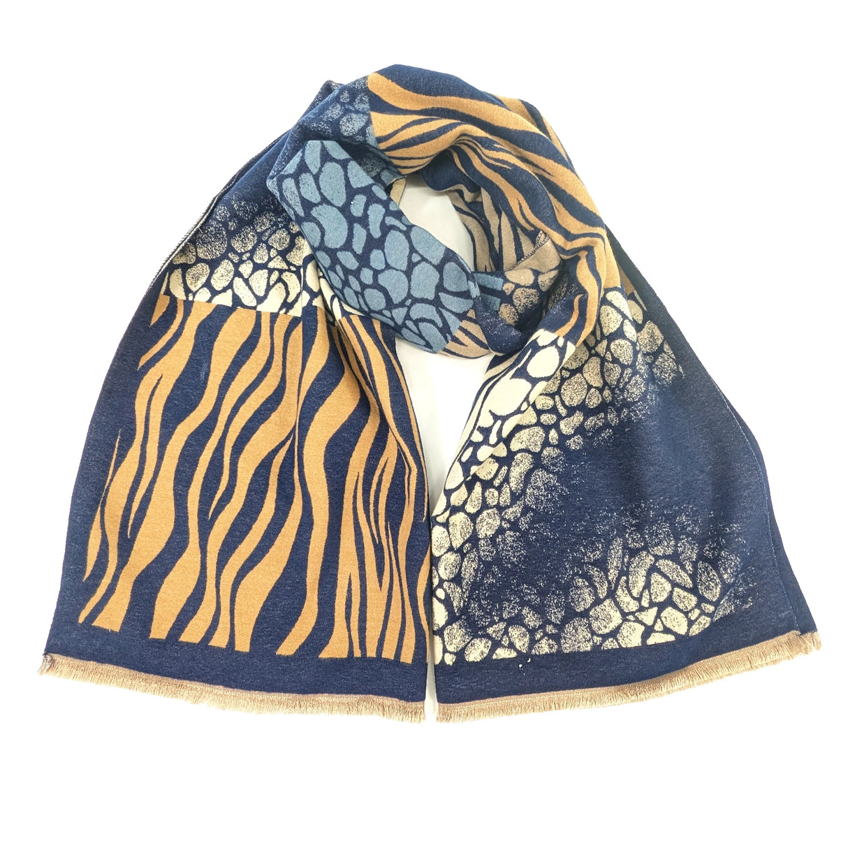 Black Ginger 180cm Navy/Camel Animal Print Boxes Obzor Scarf - 736-404