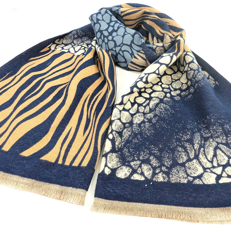Black Ginger 180cm Navy/Camel Animal Print Boxes Obzor Scarf - 736-404