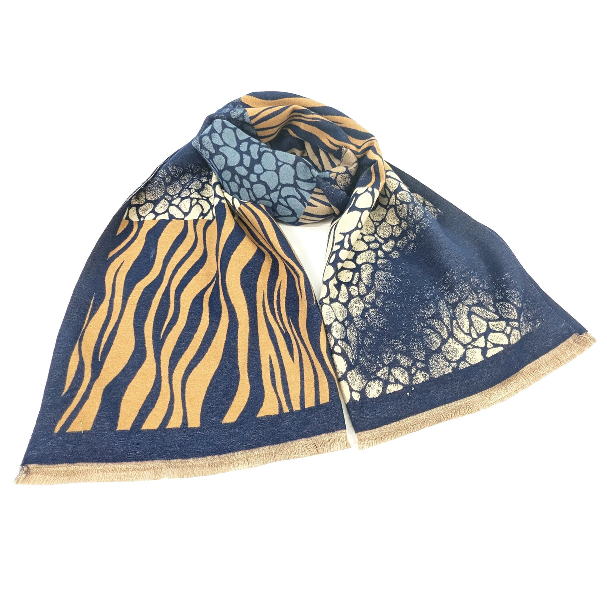 Black Ginger 180cm Navy/Camel Animal Print Boxes Obzor Scarf - 736-404