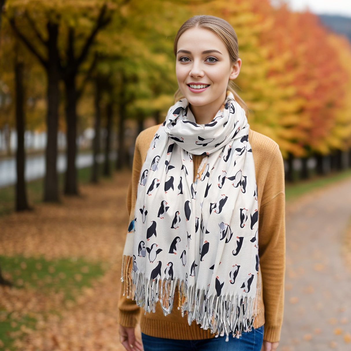 Black Ginger Penguin Pashmina Scarf - Ice White