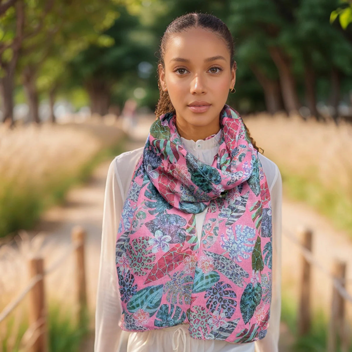 Black Ginger 180cm Pink Leopard Print Leaves Scarf
