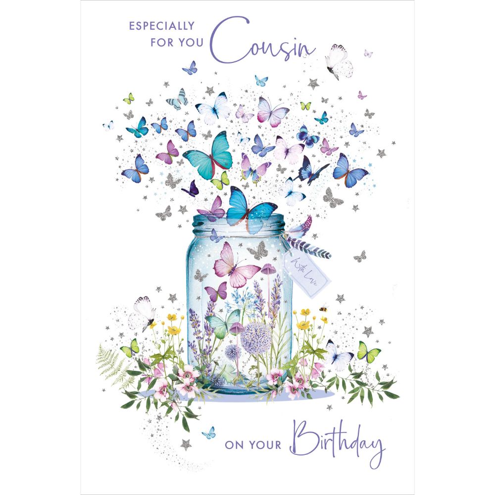 Woodmansterne Cousin Colourful Butterfly Jar Birthday Card