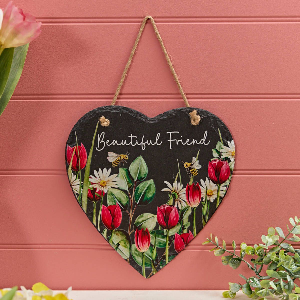 Richard Langs 'Beautiful Friend' Tulip Slate Heart Hanging Plaque - 7FD115