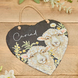 Richard Langs Welsh 'Cariad' Sheep Slate Hanging Heart Plaque - 7WL571