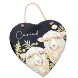Richard Langs Welsh 'Cariad' Sheep Slate Hanging Heart Plaque - 7WL571