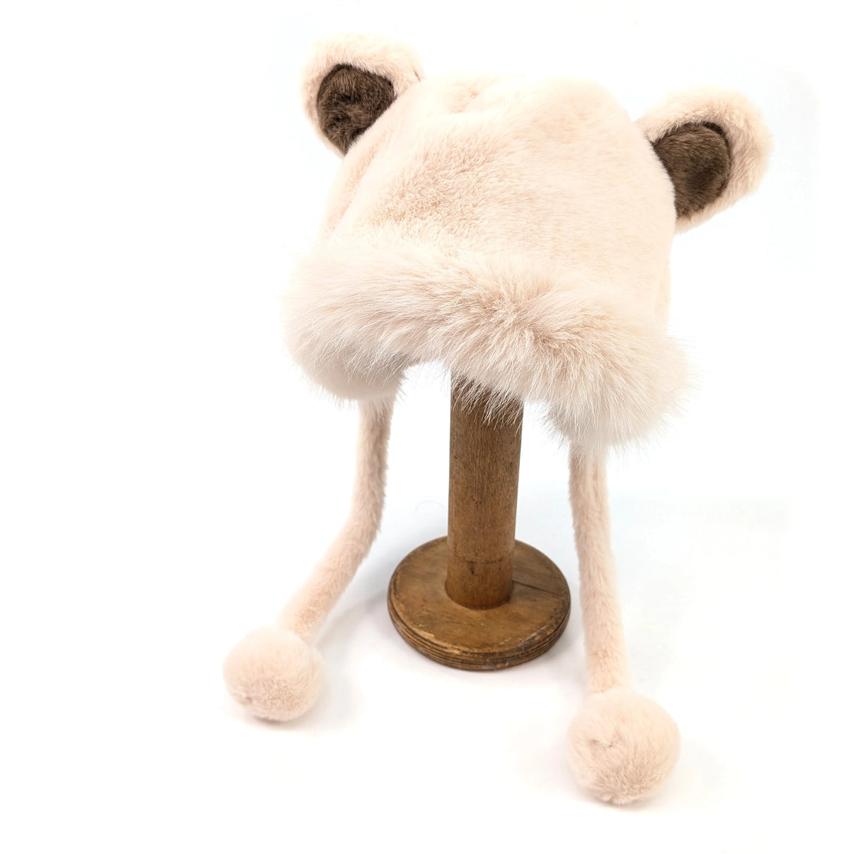 Black Ginger Cream Faux Fur Bear Hat with Pom Pom Ties - 800-678