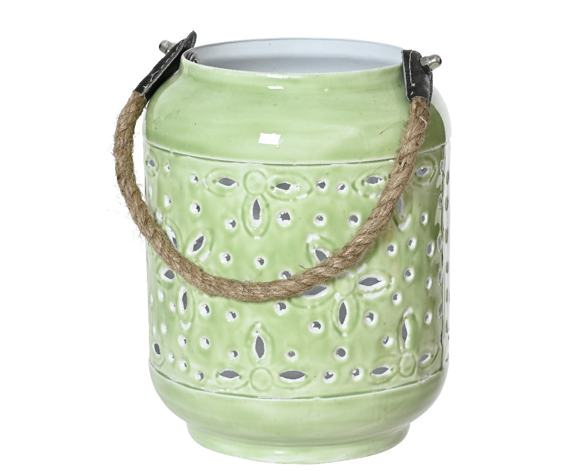 Kaemingk 20cm Iron Lantern with Enamel Finsih with Jute Rope Handle