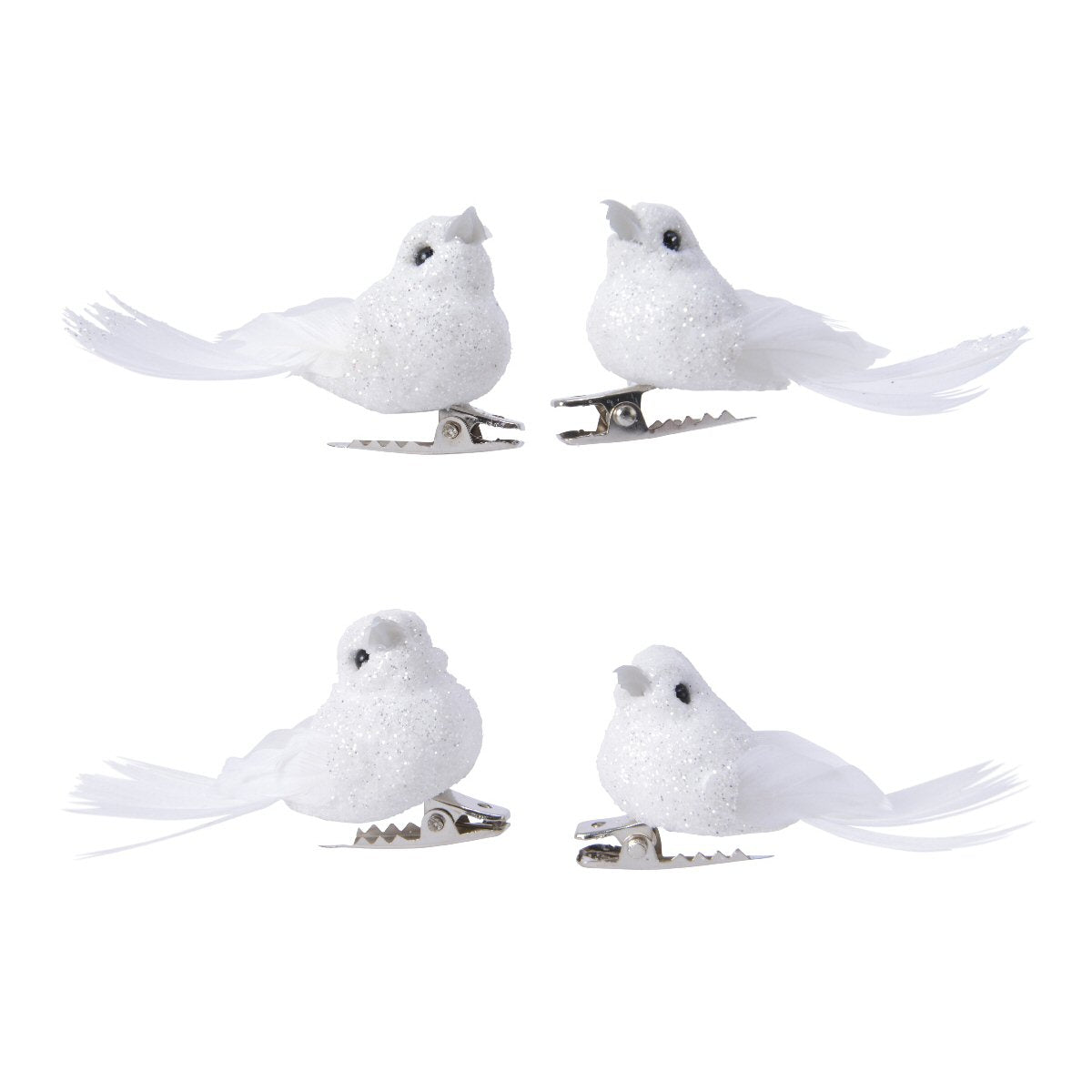 Decoris 5cm White Glittery Bird with Feather Tail on Clip (Choice of 2)