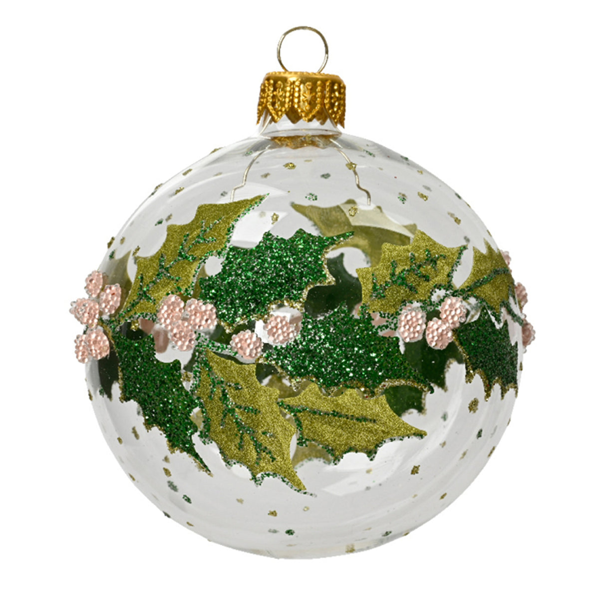 Decoris 8cm Green Glitter Holly Glass Bauble