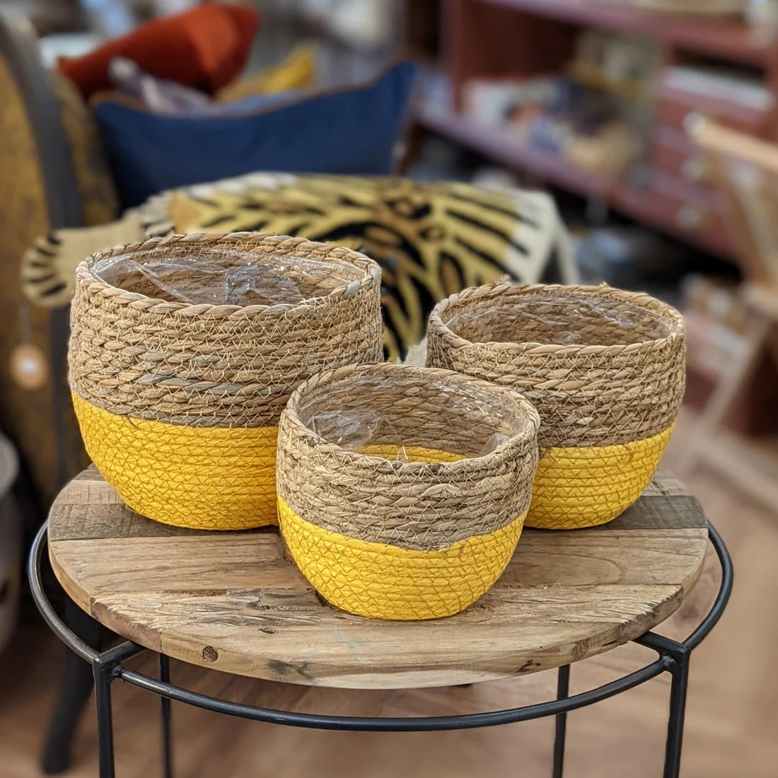 Decoris 17cm Yellow Woven Storage Basket Planters 100% Natural Split Seagrass