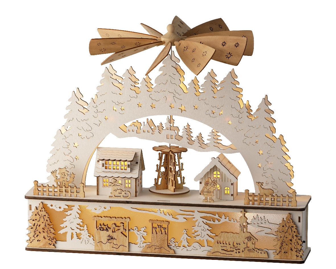 Lumineo 37cm Wooden Christmas Village LED Scene with Windmill