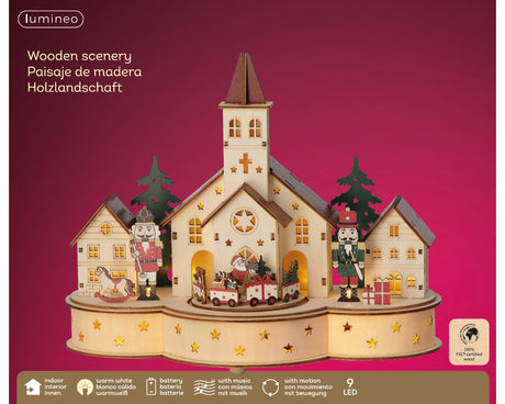 Three Kings 24cm Wooden Christmas Village Church LED Scene with Nutcrackers