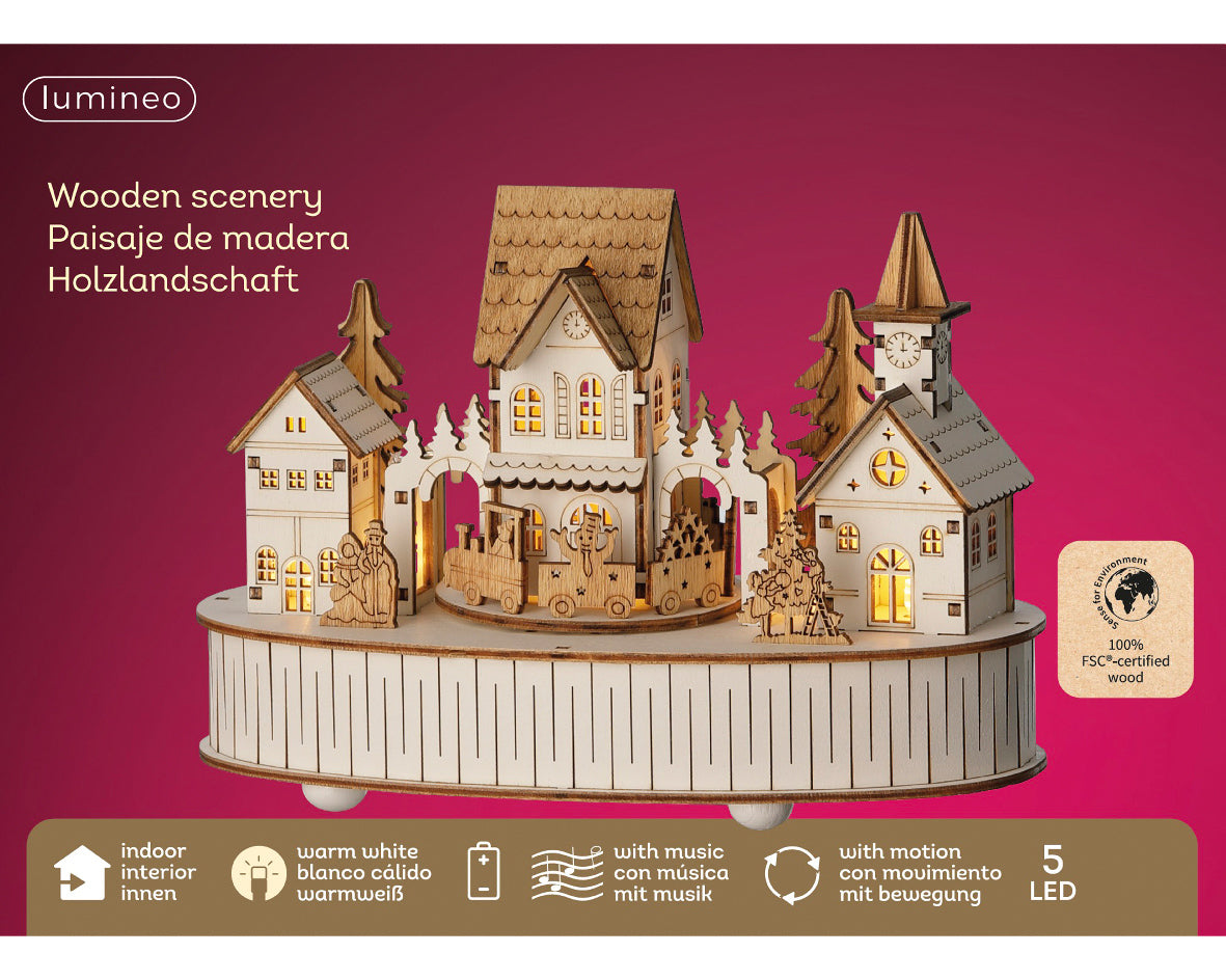 Three Kings 15cm Wooden Christmas Village LED Scenen with Train