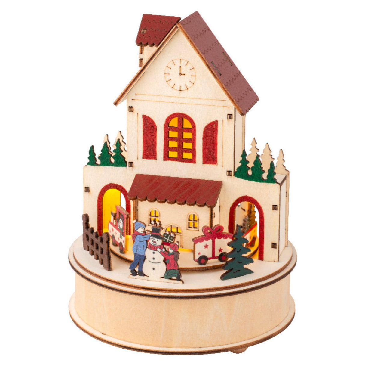 Lumineo 20cm Wooden Christmas Village Clock Tower LED Scene with Snowman