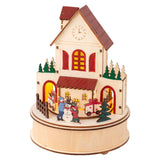 Lumineo 20cm Wooden Christmas Village Clock Tower LED Scene with Snowman
