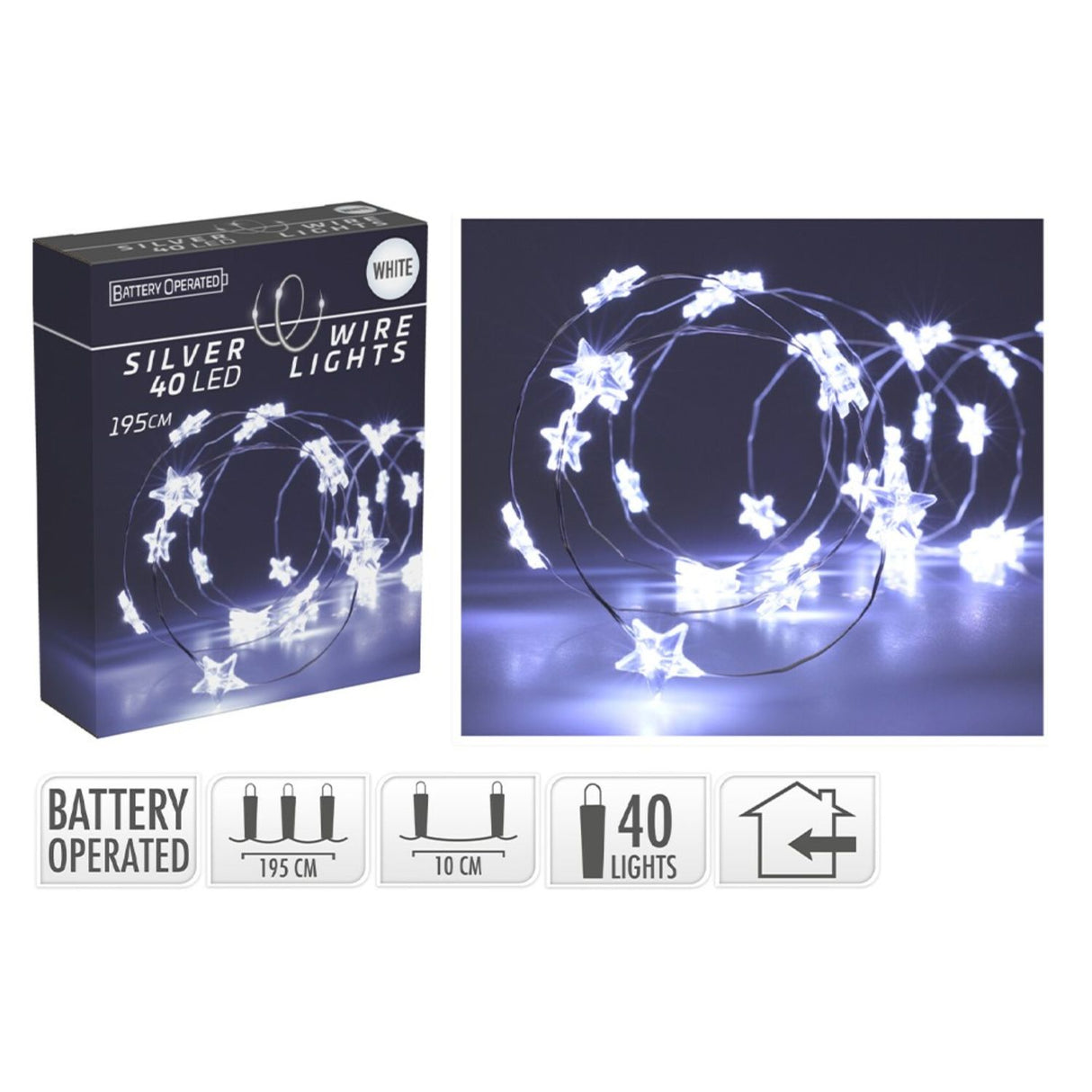 Koopman 40 Cool White LED Star String Lights (2m)