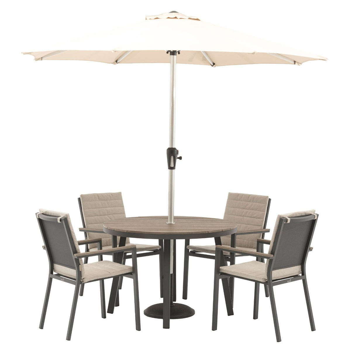 Bramblecrest 110cm Fawn Zurich 4 Seat Round Dining Set with Parasol & Base - X25ZR01