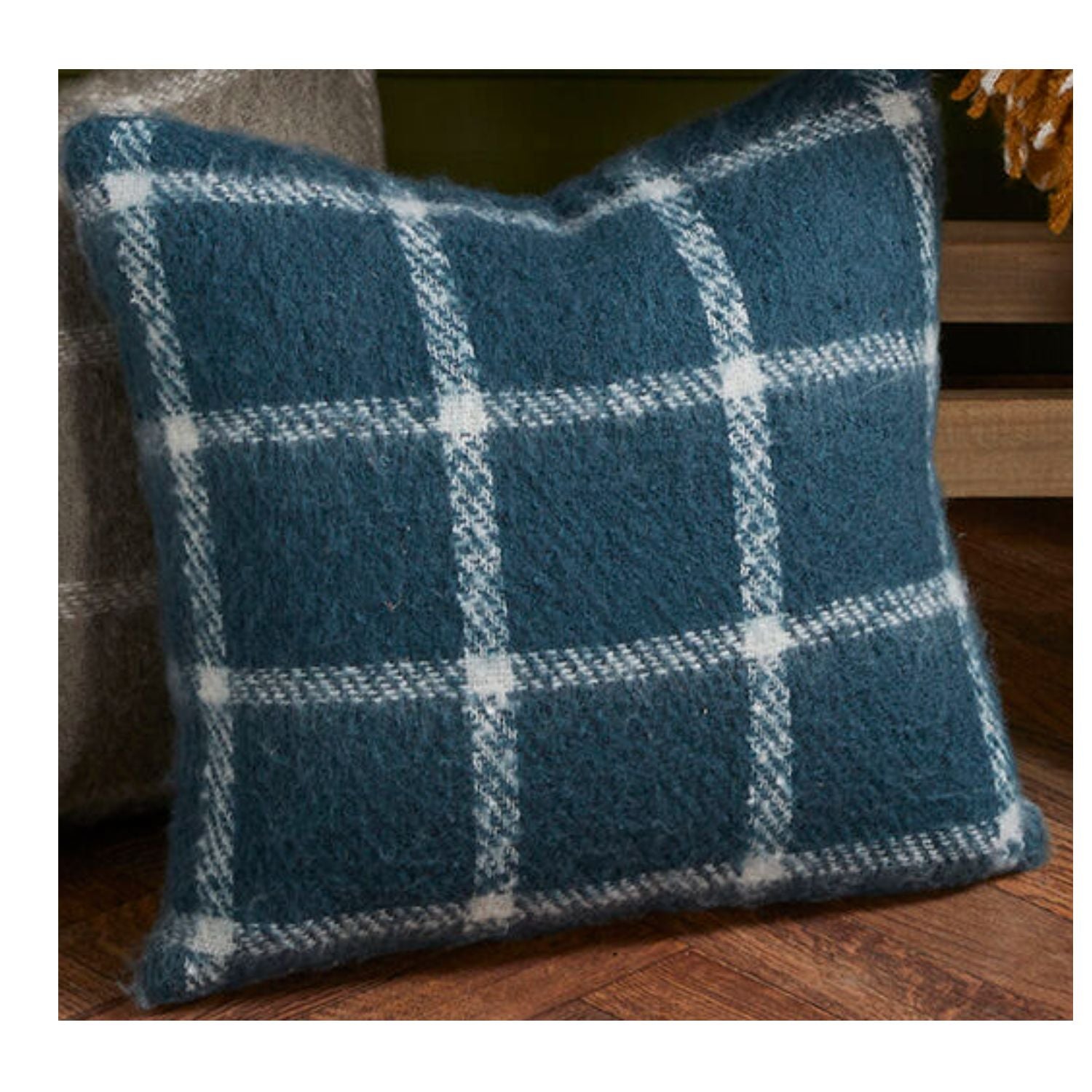 Walton & Co 43cm Faux Mohair Chequered Cushion Blate Blue