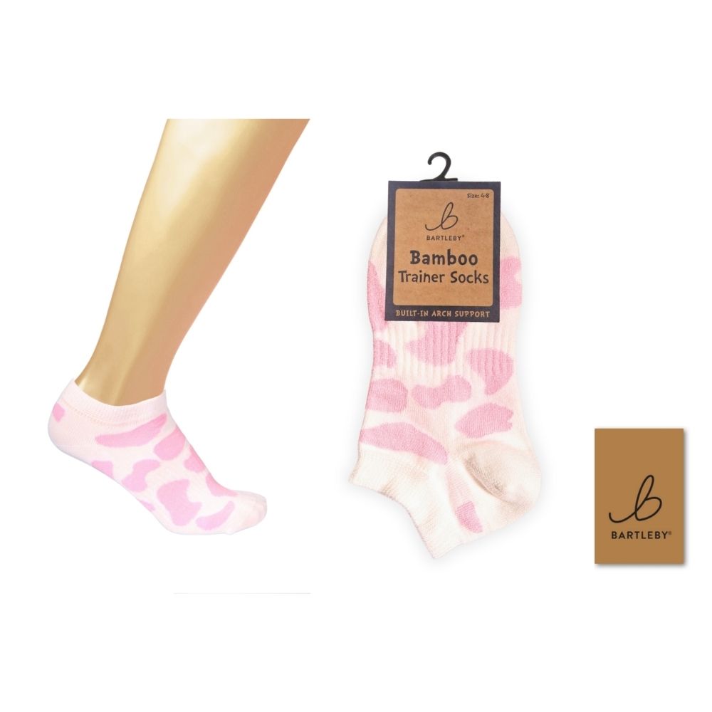 Bartleby Ladies Bamboo Trainer Socks - Pink Cow Print - 4/8