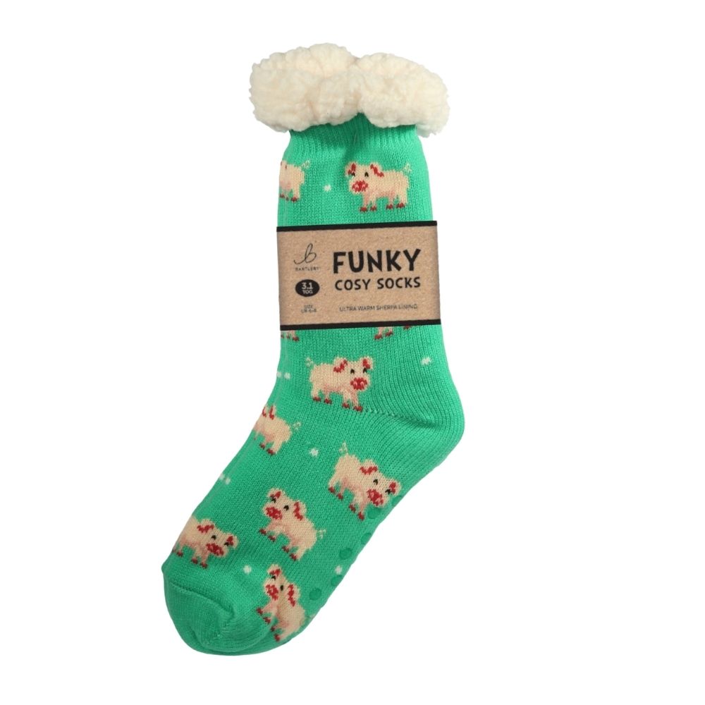 Bartleby Ladies Cute Pig Sherpa Socks - Green - 4/8