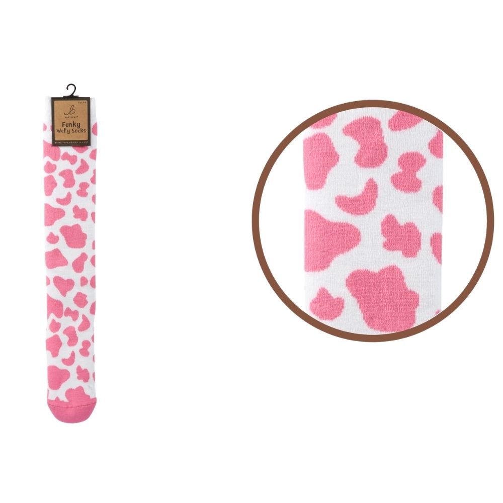 Bartleby Ladies Pink Cow Print Funky Welly Socks - 4/8