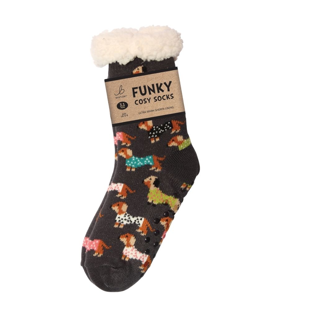 Bartleby Ladies Sherpa Socks - Trendy Sausage Dogs - Black - 4/8