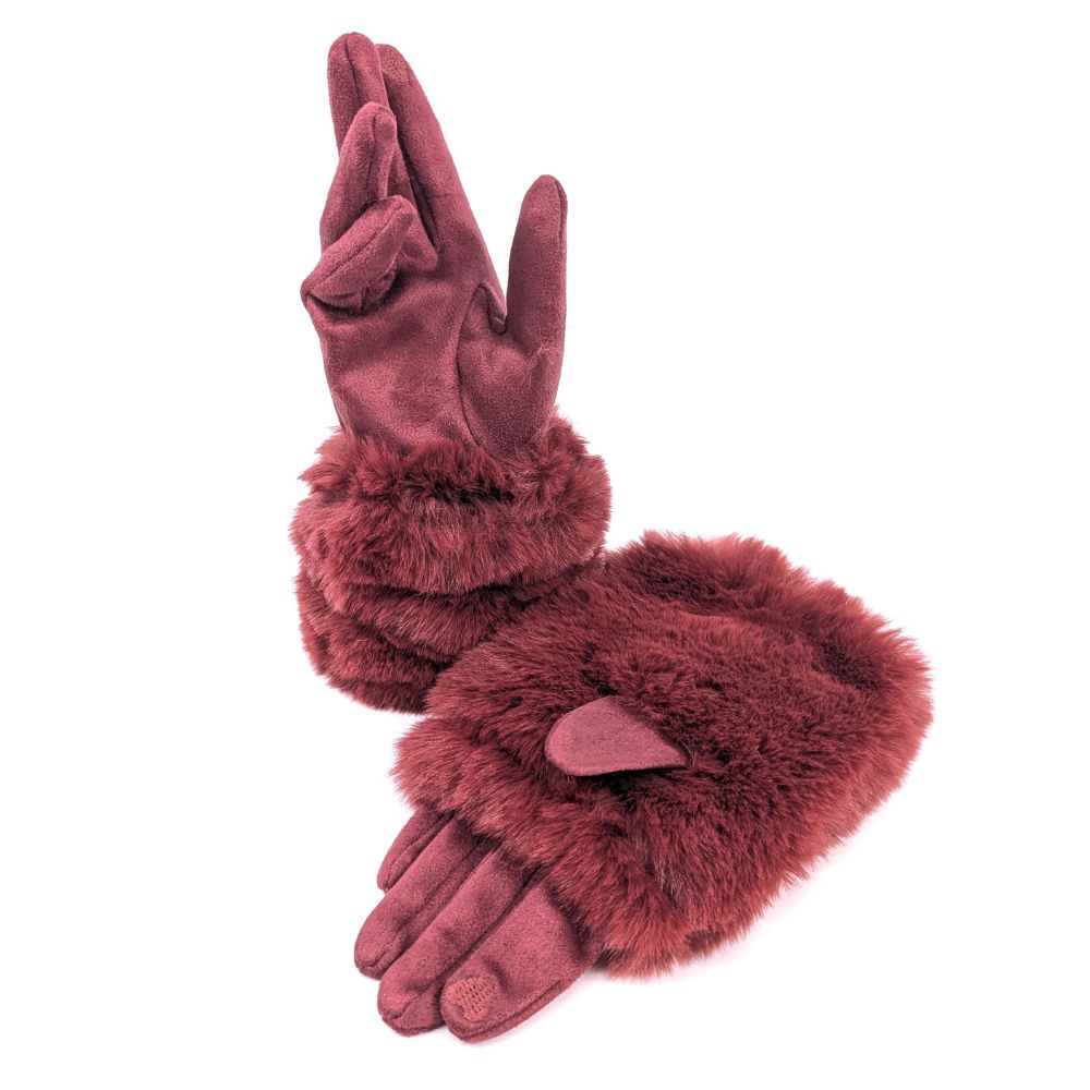 Black Ginger 2in1 Super Fluffy Faux Fur Gloves - Wine Red