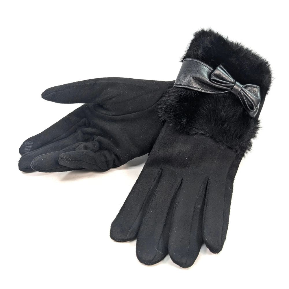 Black Ginger Bow And Faux Fur Gloves - Black