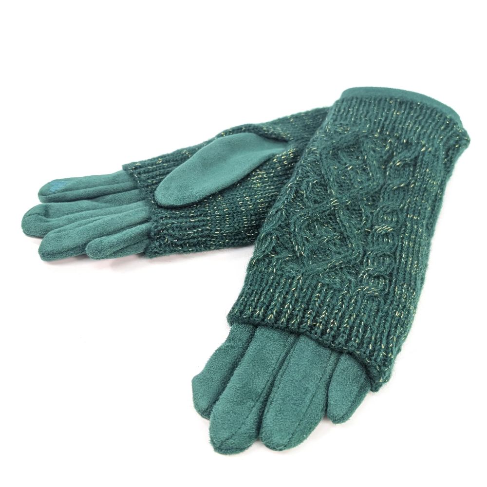 Black Ginger Cable Knit Two in One Sparkle Gloves - Green