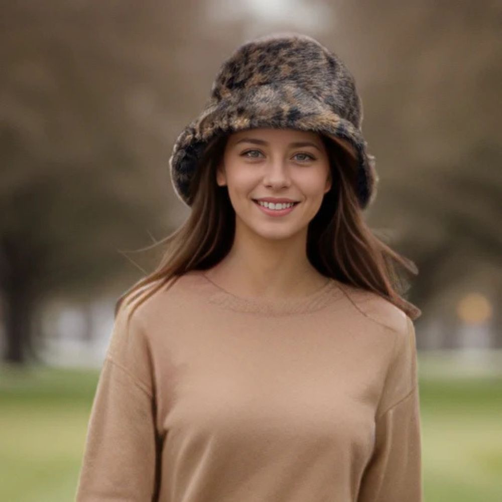 Black Ginger Faux Fur Animal Print Bucket Hat - Dark Brown