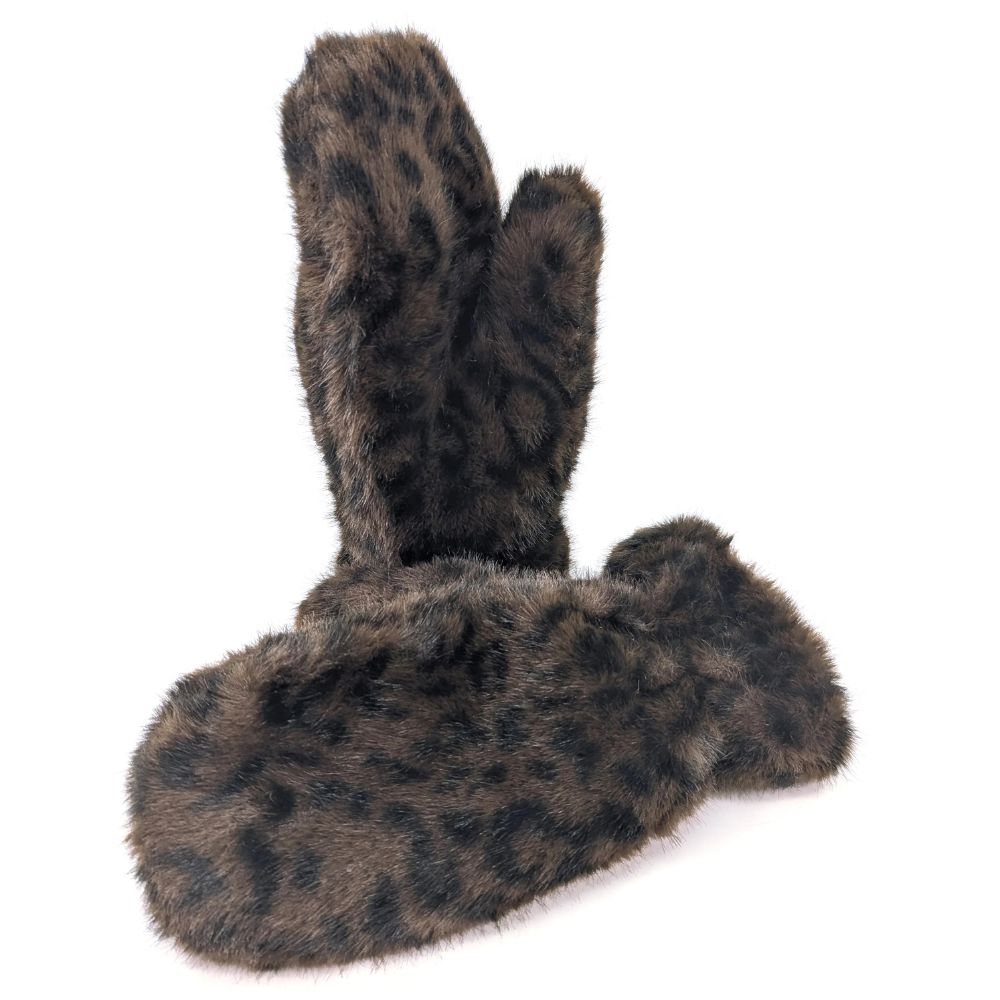 Black Ginger Faux Fur Mittens - Dark Brown Animal Print - 800-747