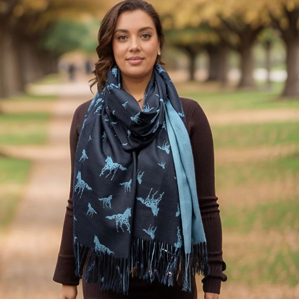 Black Ginger Floral Horse Pashmina Style Scarf - Navy