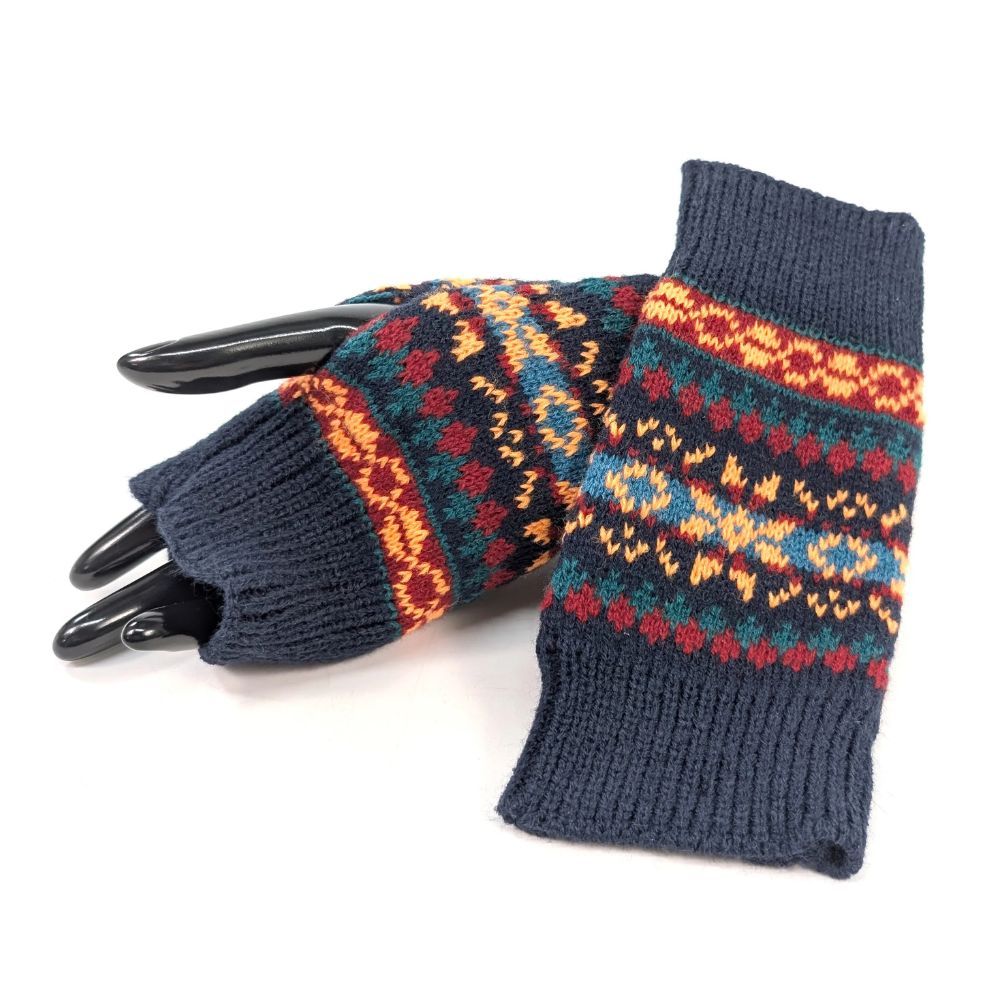 Black Ginger Kintted Stripey Fingerless Gloves - Navy