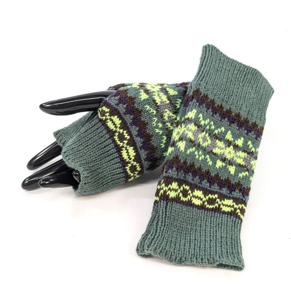 Black Ginger Knitted Stripey Fingerless Gloves - Sage