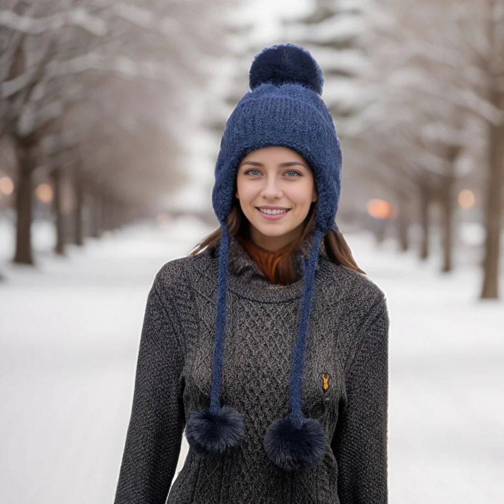 Black Ginger Long Tie Pom Pom Knitted Hat - Navy
