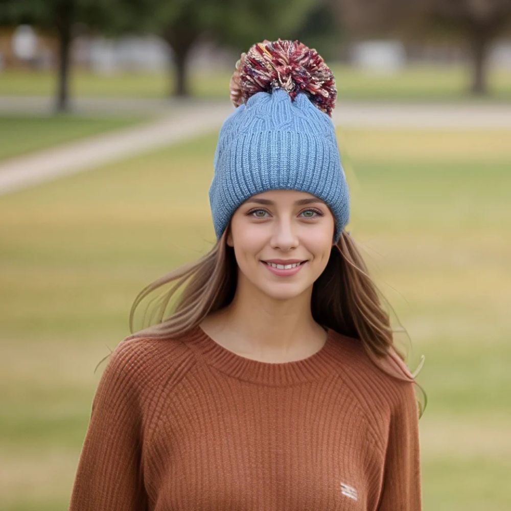 Black Ginger Multi-Coloured Pom Pom Knitted Hat - Denim Blue