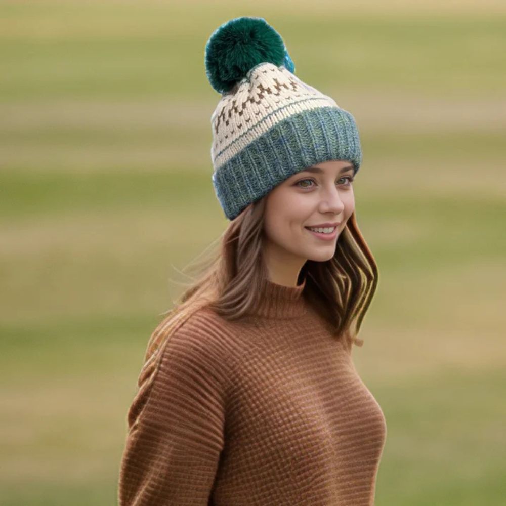 Black Ginger Fair Isle Pattern Pom Pom Hat - Green