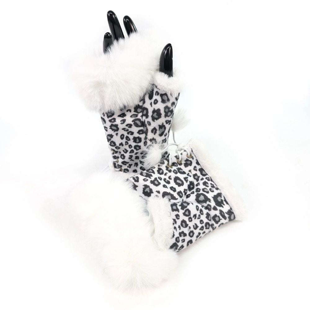 Black Ginger Suede Effect Animal Print Fingerless Gloves - White