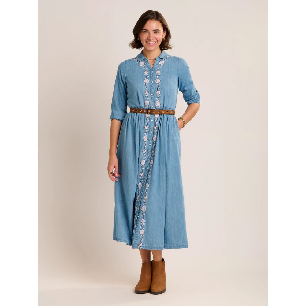 Brakeburn Viviana Embroidered Maxi Denim Dress - Blue