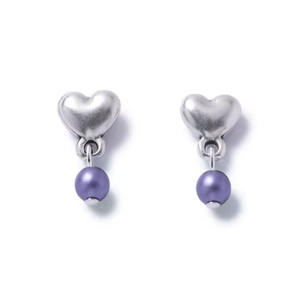 Carrie Elspeth Silver Heart Stud Earrings with Purple Pearl Dropper