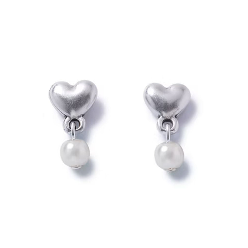 Carrie Elspeth Silver Heart Stud Earrings with White Pearl Dropper