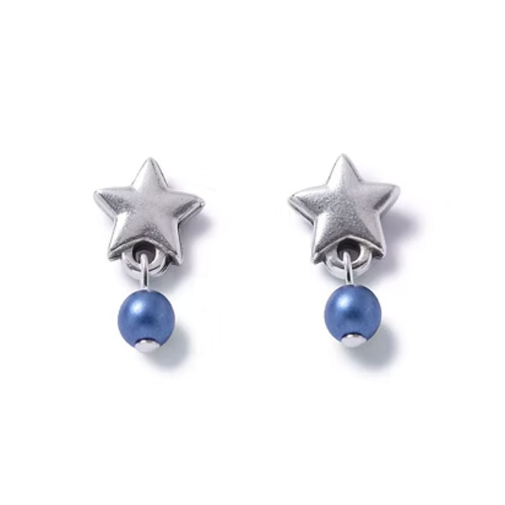 Carrie Elspeth Silver Star Stud Earrings with Blue Pearl Dropper
