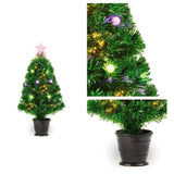 An 80cm tall fibre optic Christmas tree with multicolor lights, featuring a star topper and decorative balls, displayed in a black pot.
