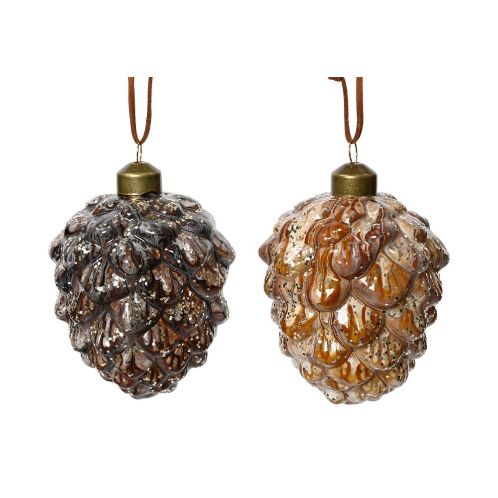 Decoris 10cm Brown and Gold Shiny Pinecone Bauble (Choice of 2)