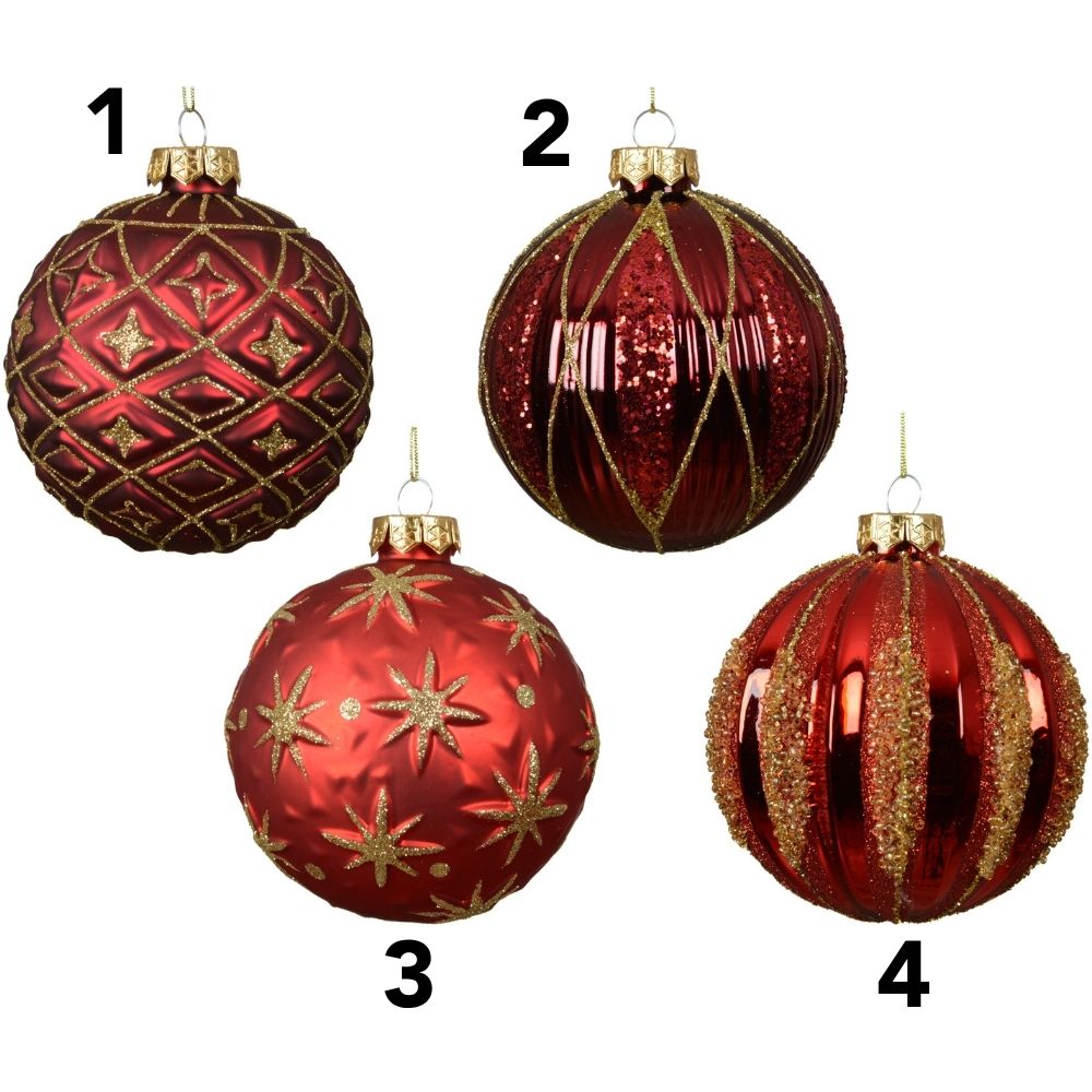 Decoris 10cm Christmas Red Shiny Glass Bauble with Gold Glitter (Choice of 4)
